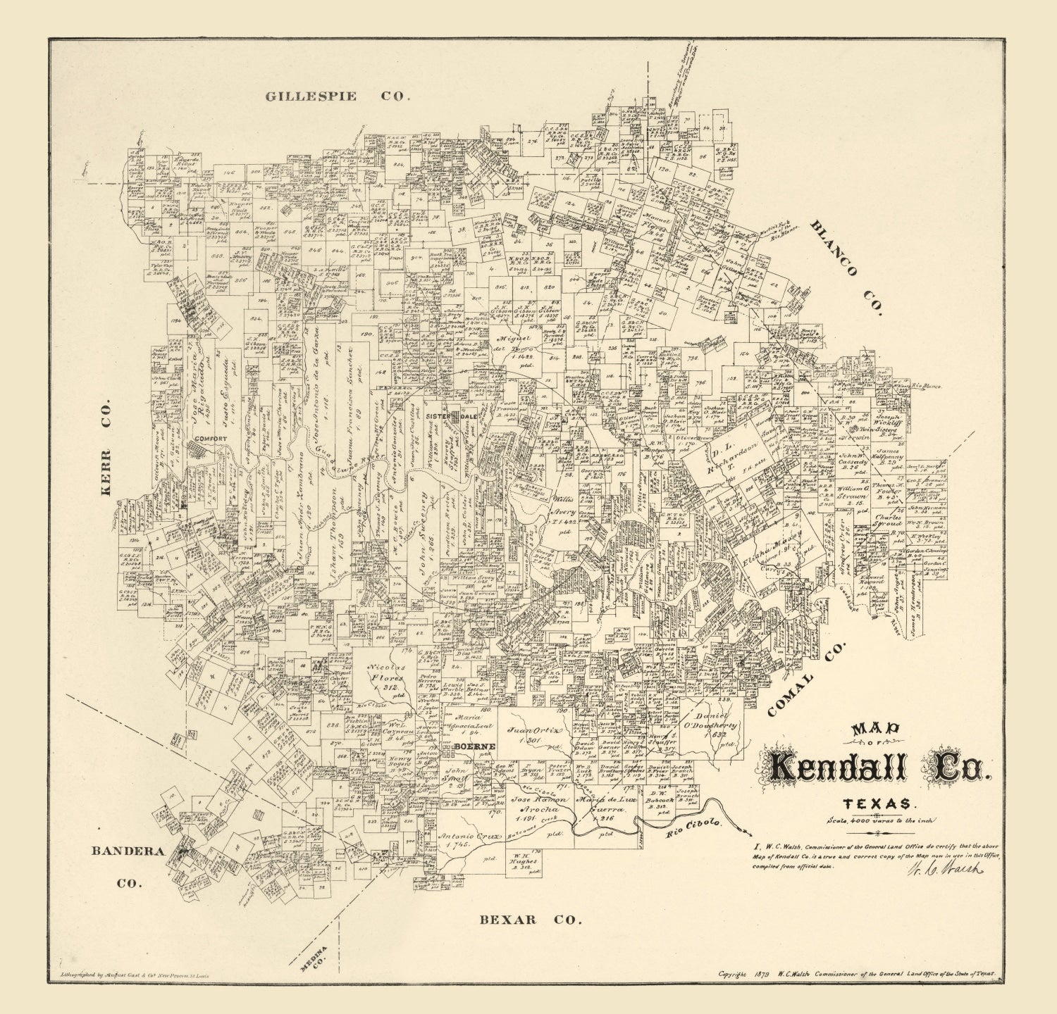 Vintage Map of Kendall County, Texas 1879