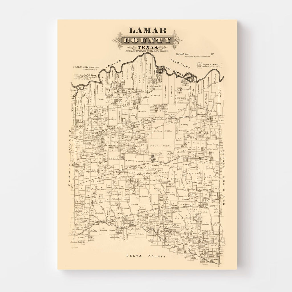 Vintage Map of Lamar County, Texas 1870