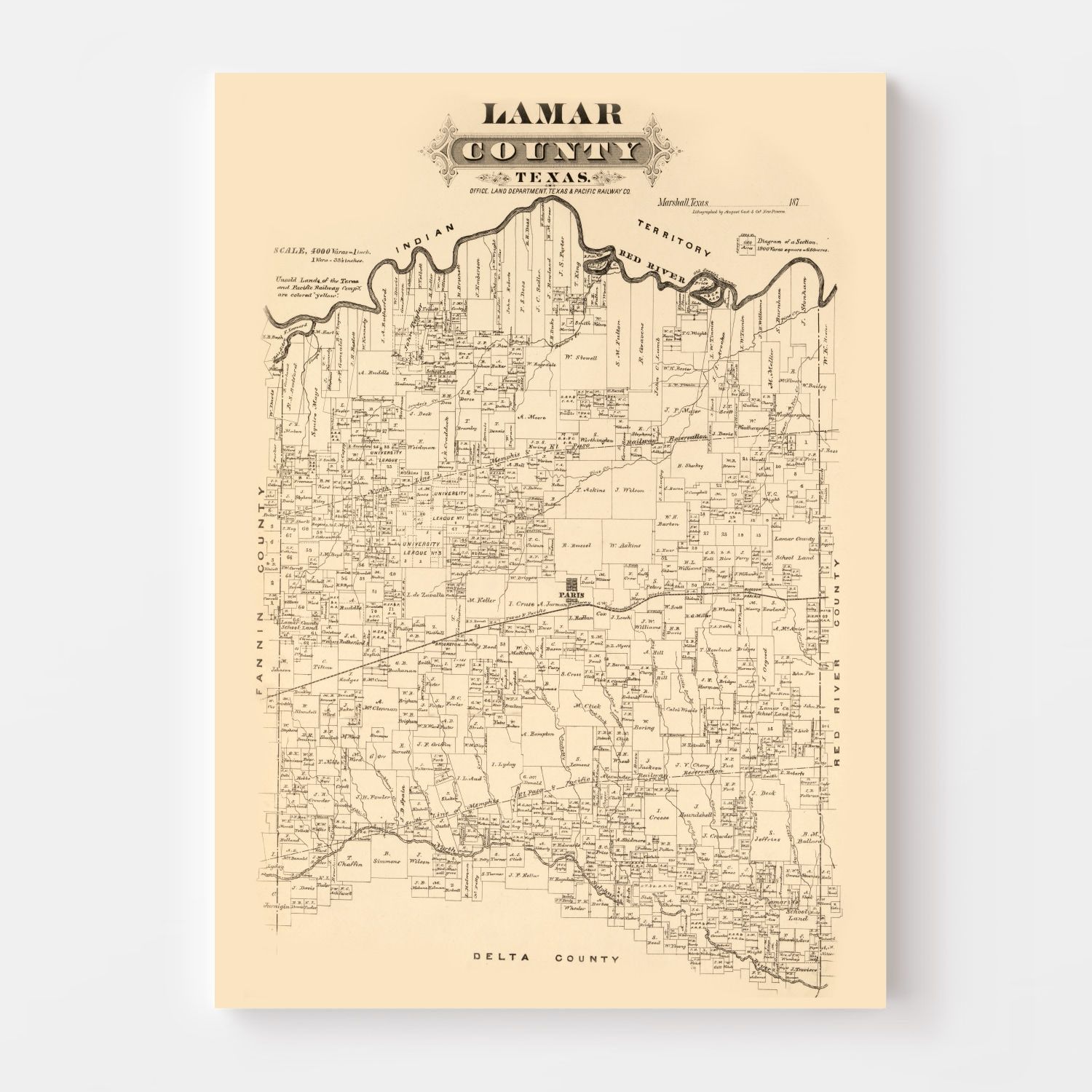 Vintage Map of Lamar County, Texas 1870