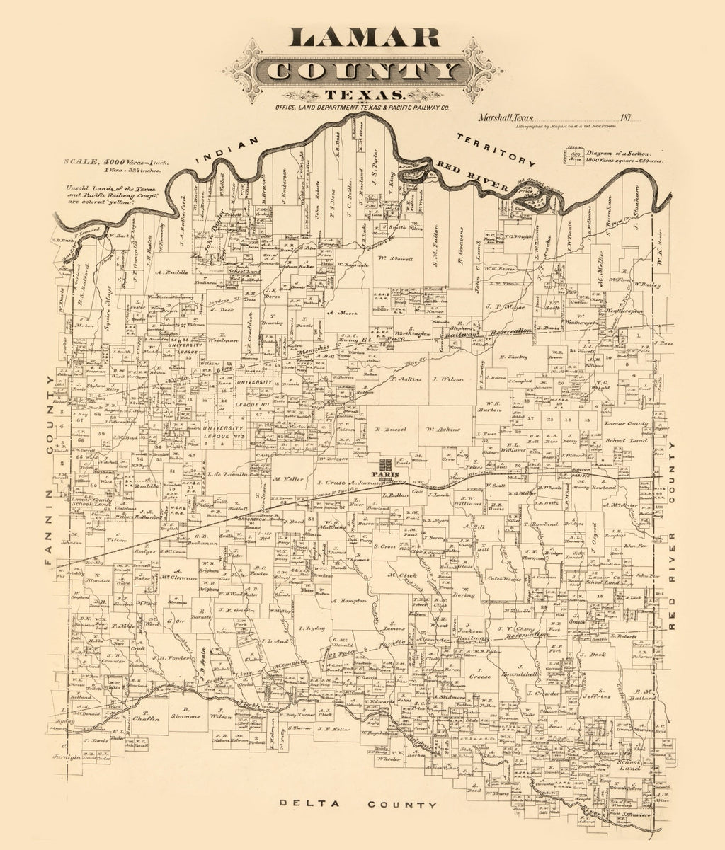 Vintage Map of Lamar County, Texas 1870