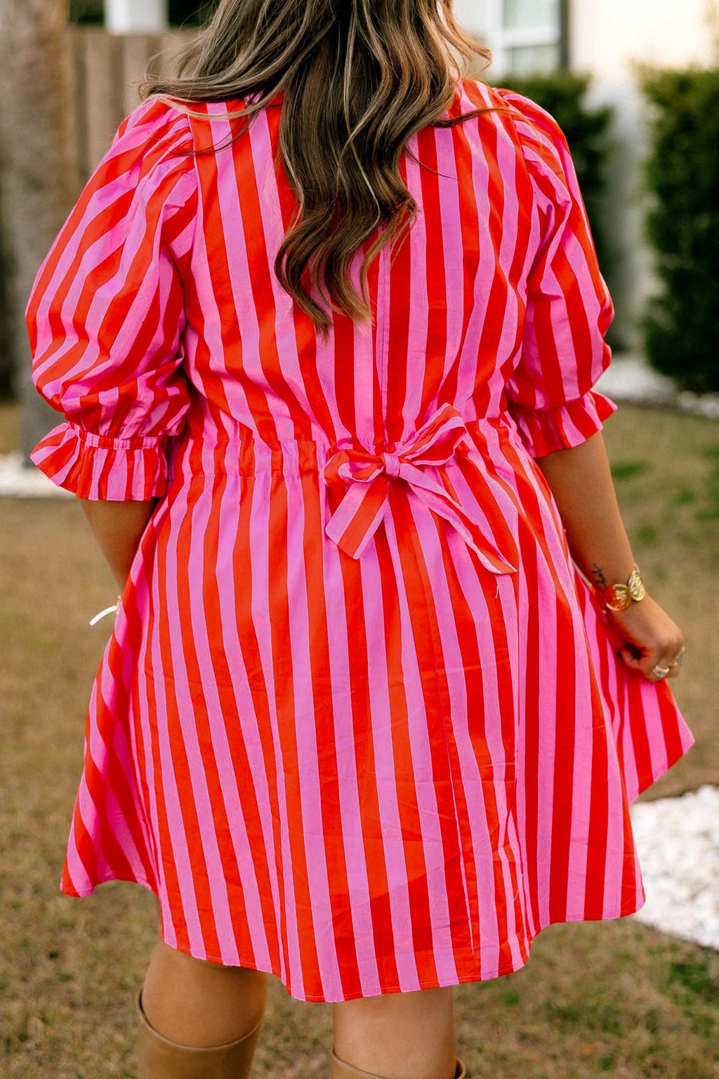 Plus Size Stripe Frilled Collar Button Mini Dress