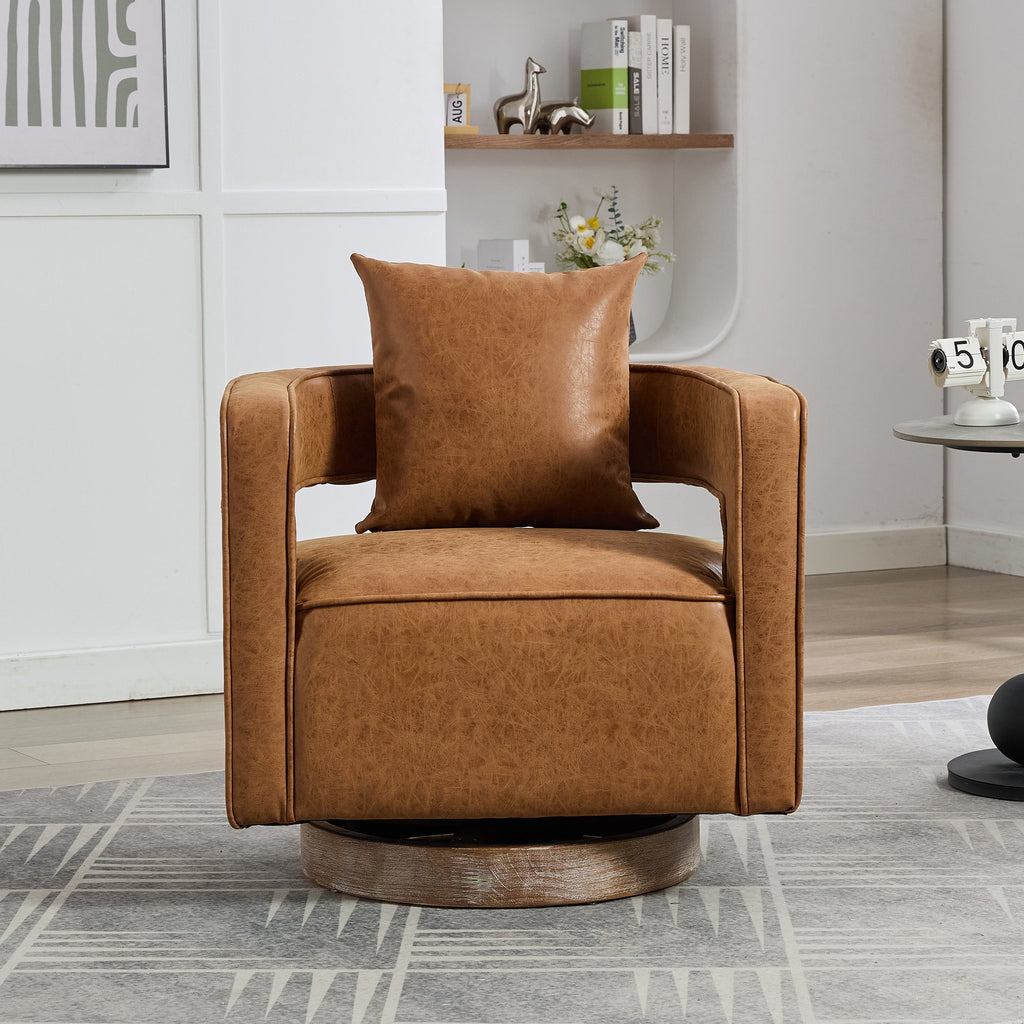 29.1'W Swivel Accent Open Back Barrel Chair Modern Comfy Sofa Chair With Weathered Base For Nursery Bedroom Living Room Hotel Office, Club Chair Leisure Arm Chair For Lounge (Brown,PU)