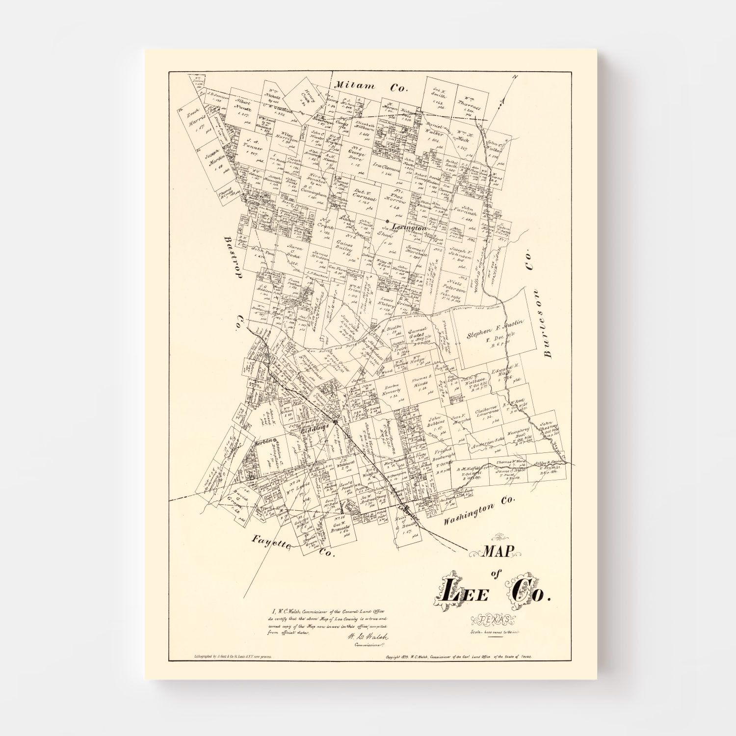 Vintage Map of Lee County, Texas 1879