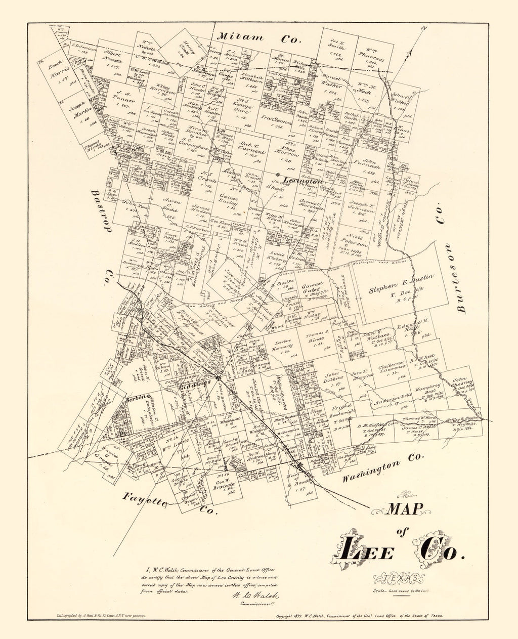 Vintage Map of Lee County, Texas 1879