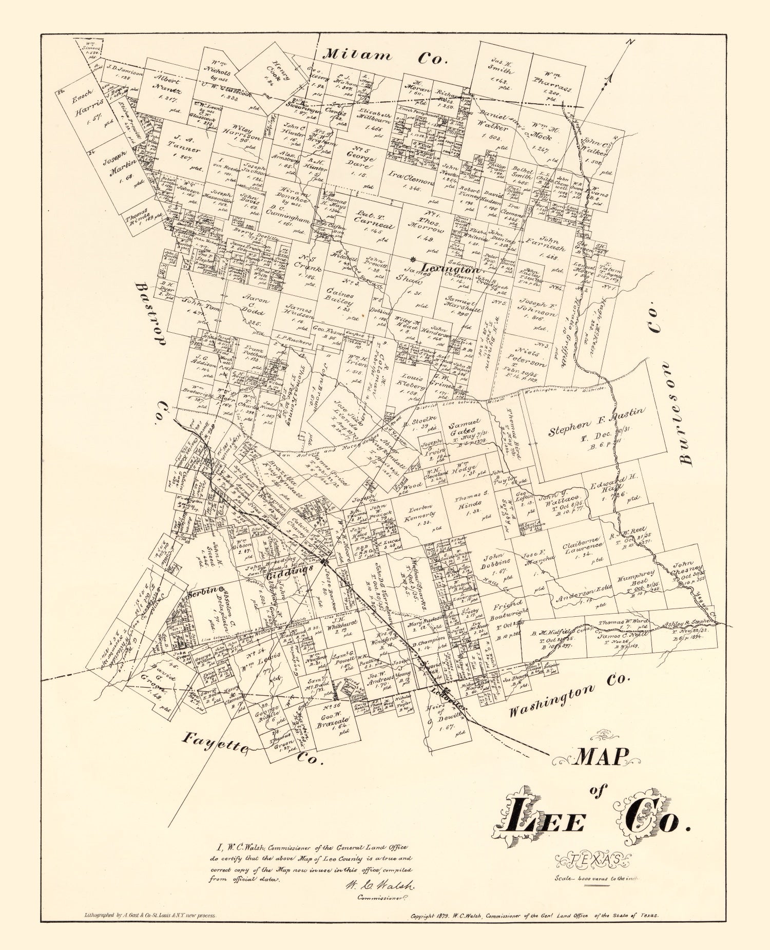 Vintage Map of Lee County, Texas 1879