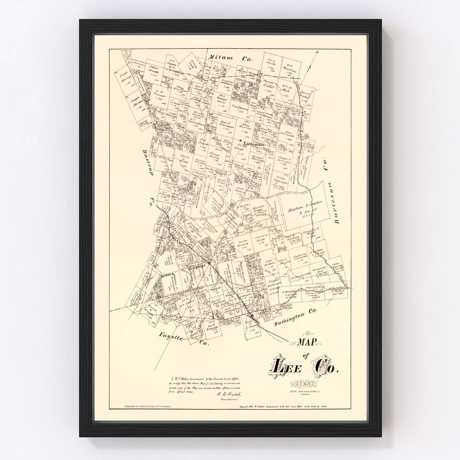 Vintage Map of Lee County, Texas 1879
