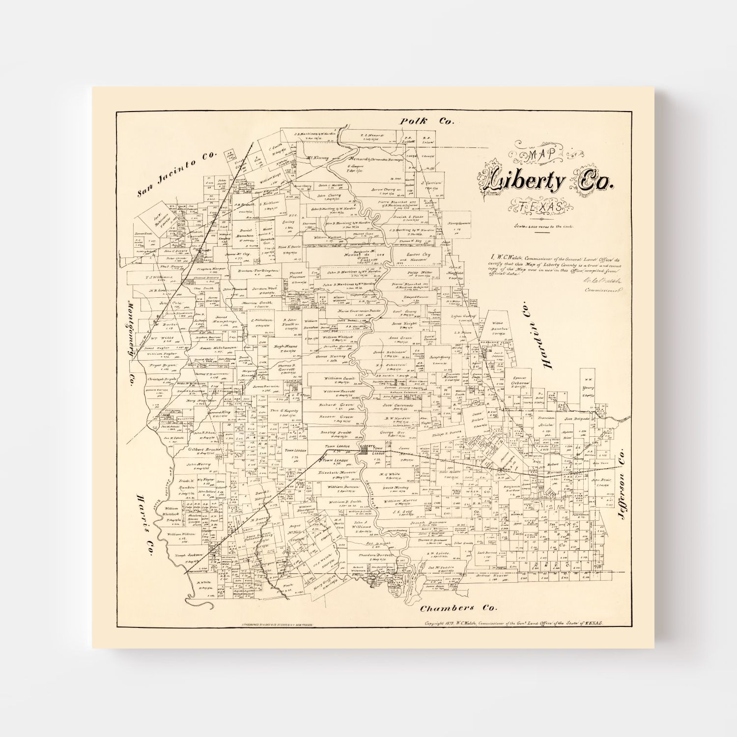 Vintage Map of Liberty County, Texas 1879