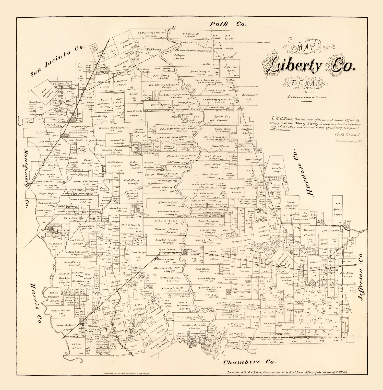 Vintage Map of Liberty County, Texas 1879
