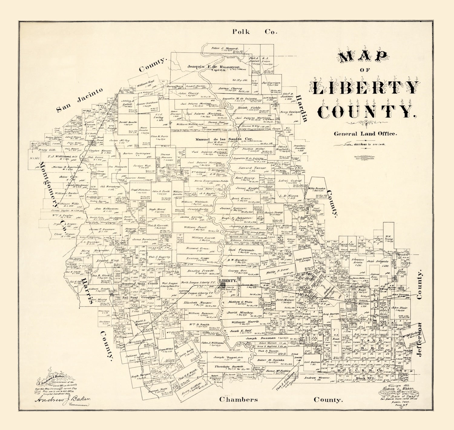 Vintage Map of Liberty County, Texas 1895