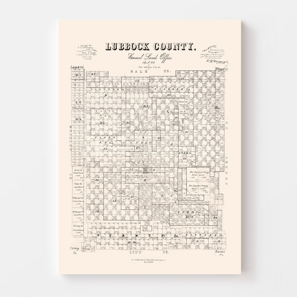 Vintage Map of Lubbock County, Texas 1892