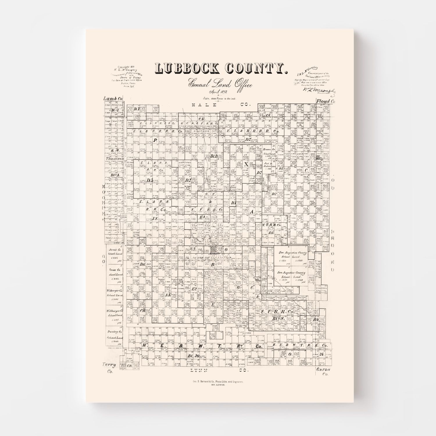 Vintage Map of Lubbock County, Texas 1892
