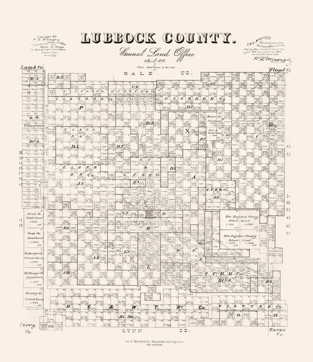 Vintage Map of Lubbock County, Texas 1892