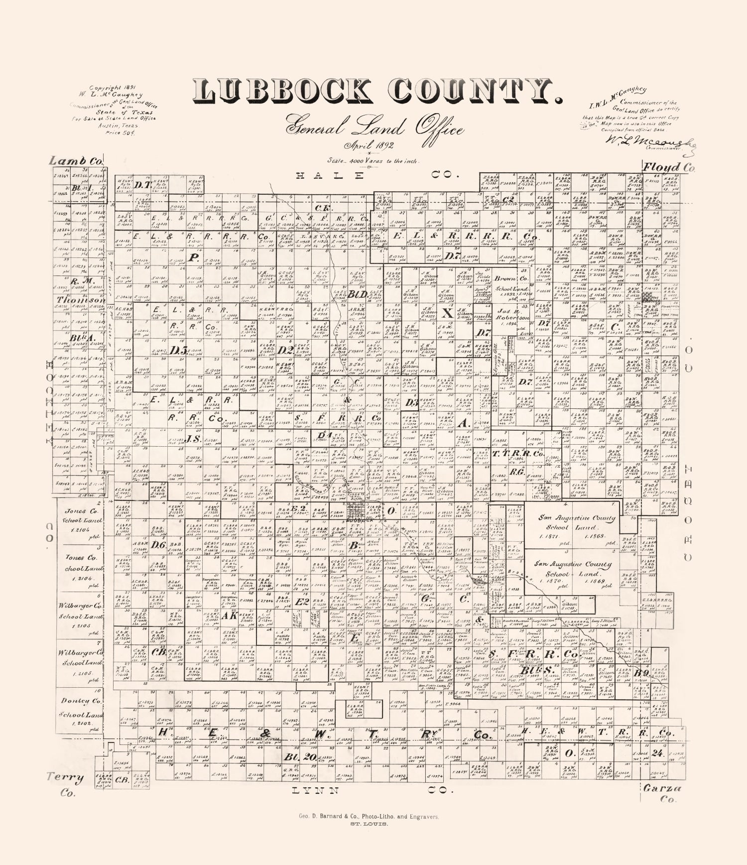 Vintage Map of Lubbock County, Texas 1892