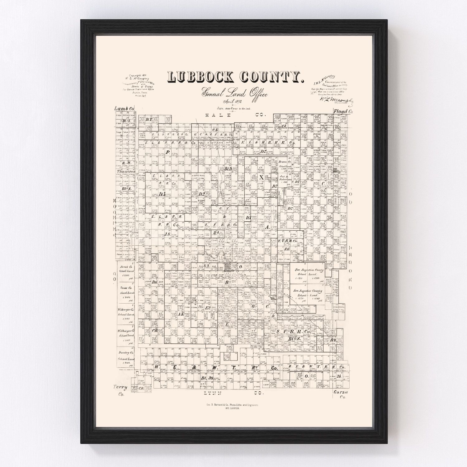 Vintage Map of Lubbock County, Texas 1892