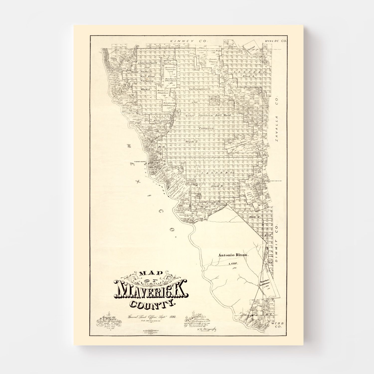Vintage Map of Maverick County, Texas 1893
