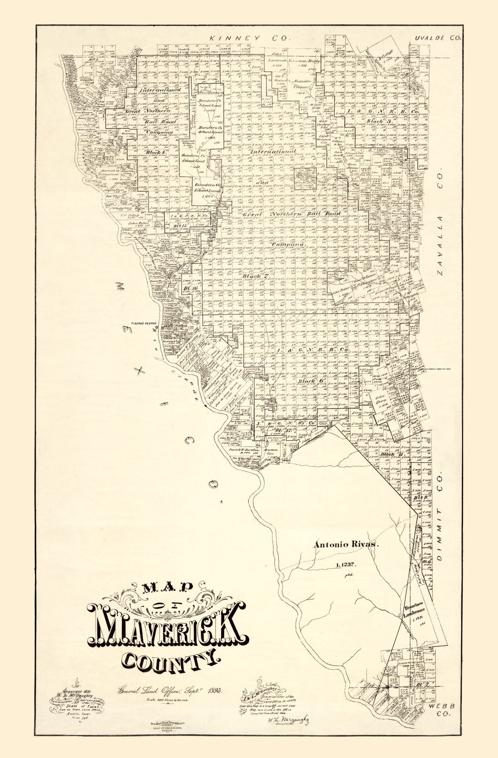 Vintage Map of Maverick County, Texas 1893