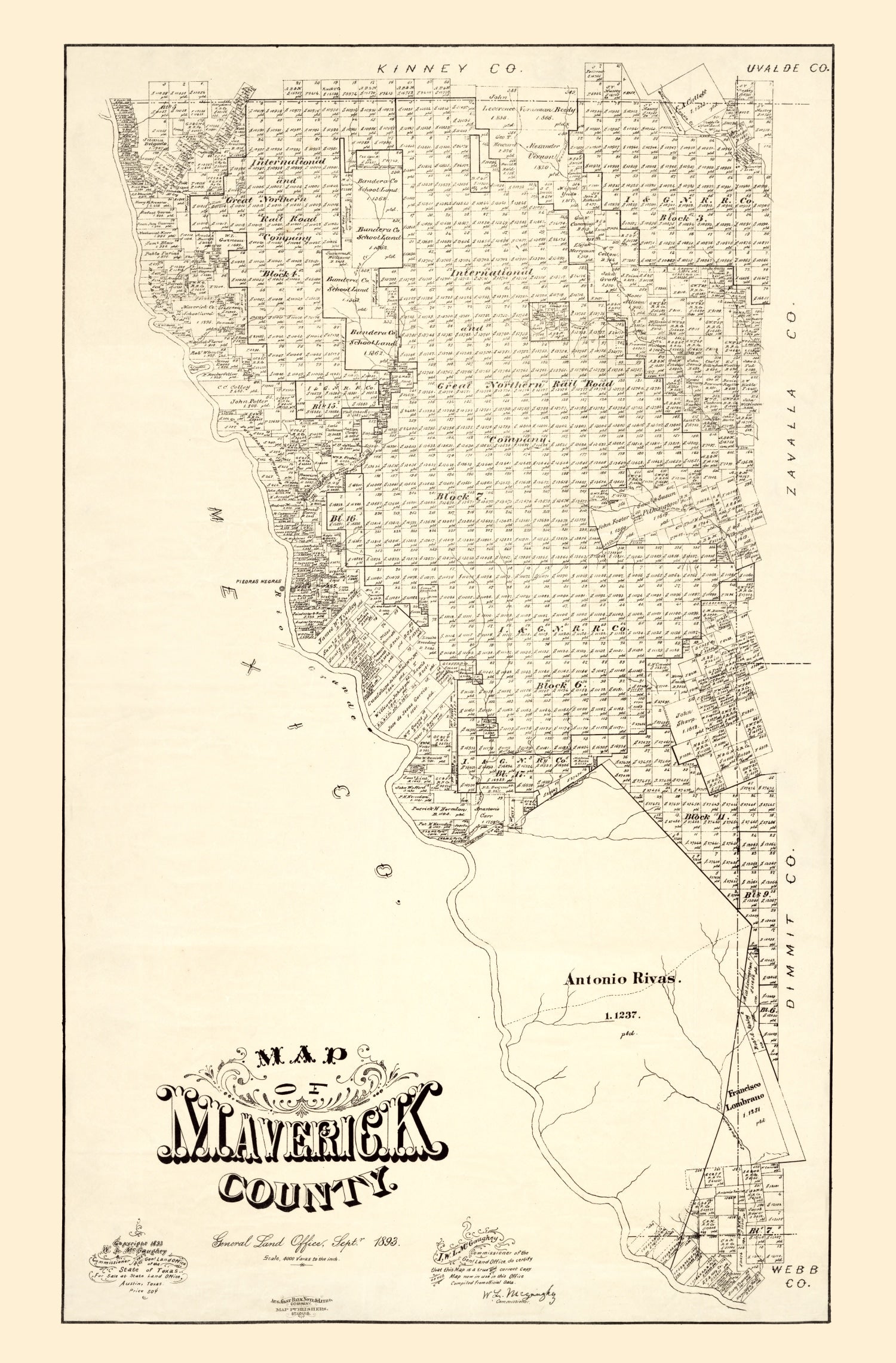 Vintage Map of Maverick County, Texas 1893