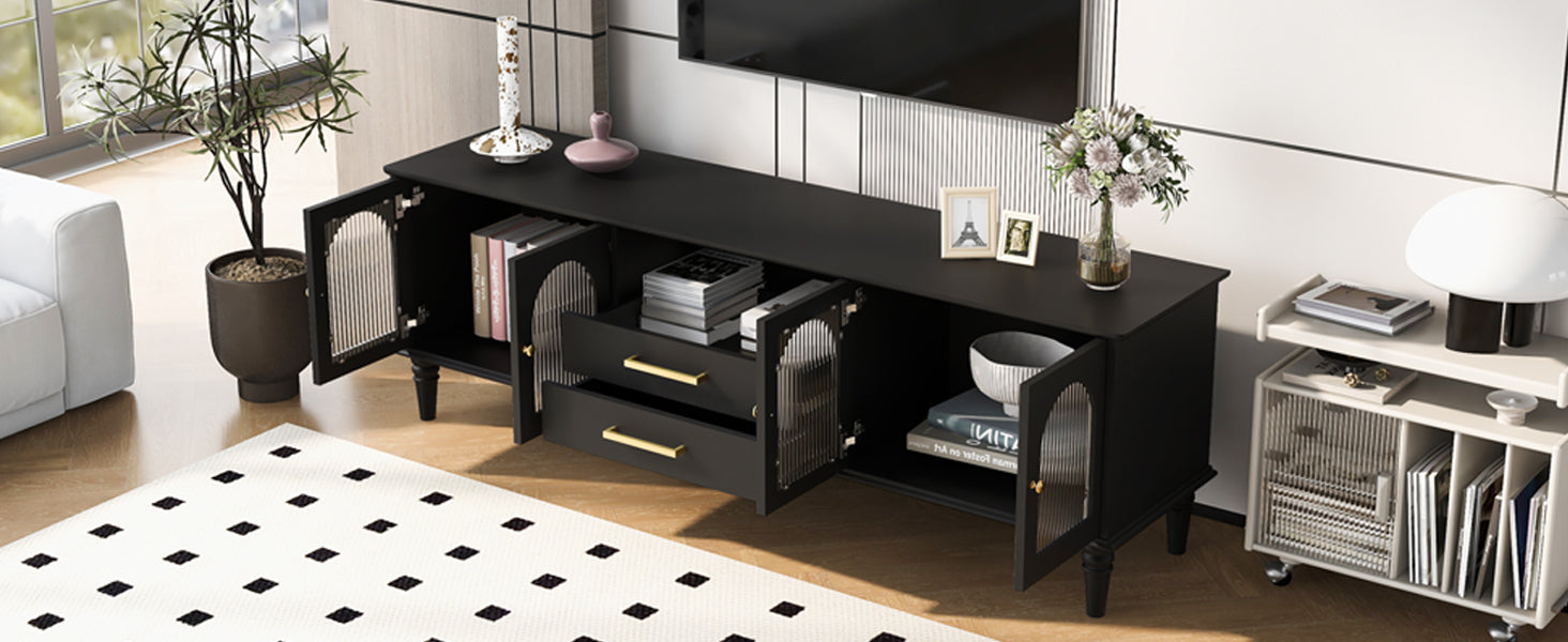 U-Can 68.9'' Retro TV Stand for TVs up to 75 Inches, Entertainment Center Media Console with Fluted Glass Doors and Five Solid Wood Legs for Living room(OLD SKU:N724P198468B)