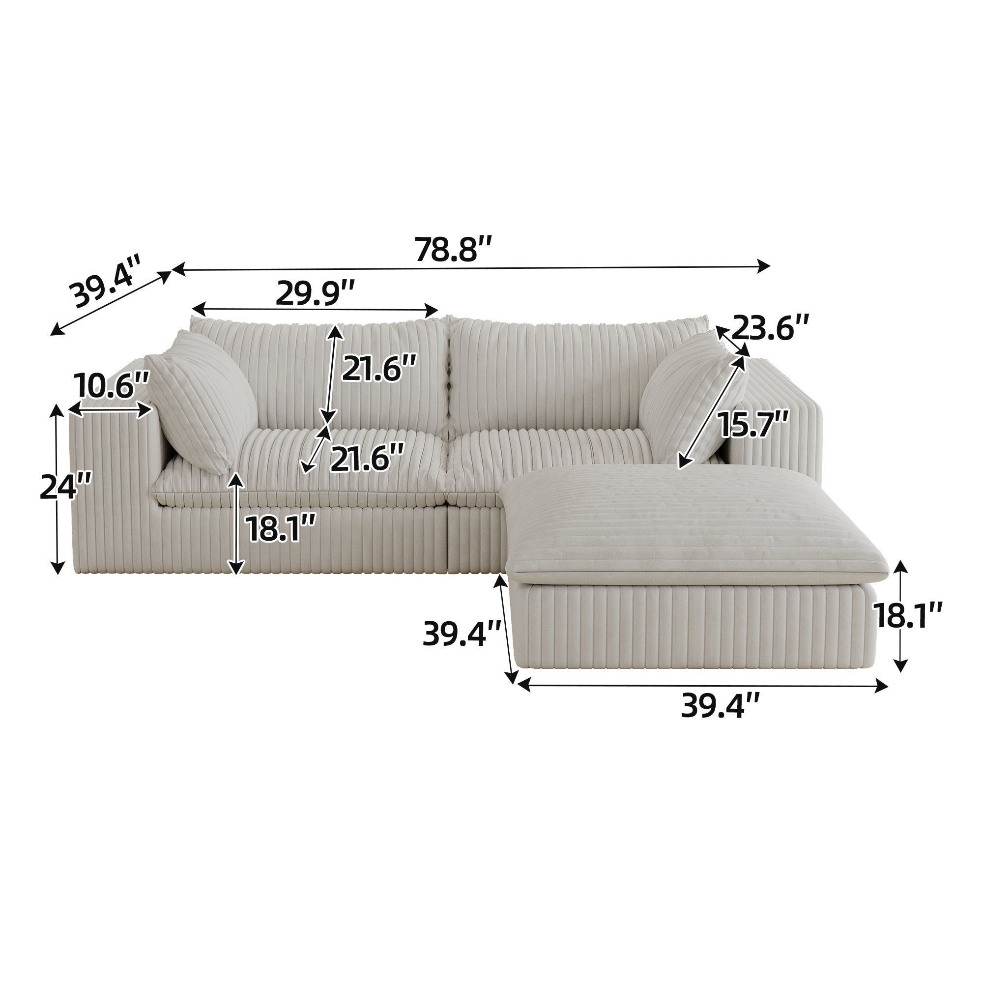 39.8' Cloud Sofa,Corduroy Fabric,Deep Seat Couches,Double-layer design,Removable  Cushion,No Assembly, DIY Combination for Living room, Bedroom,Conference room ,Apartment,White