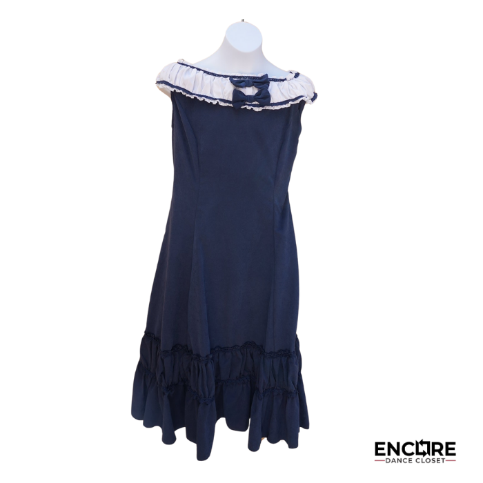 Blue Dress with White Neck and Bow Details