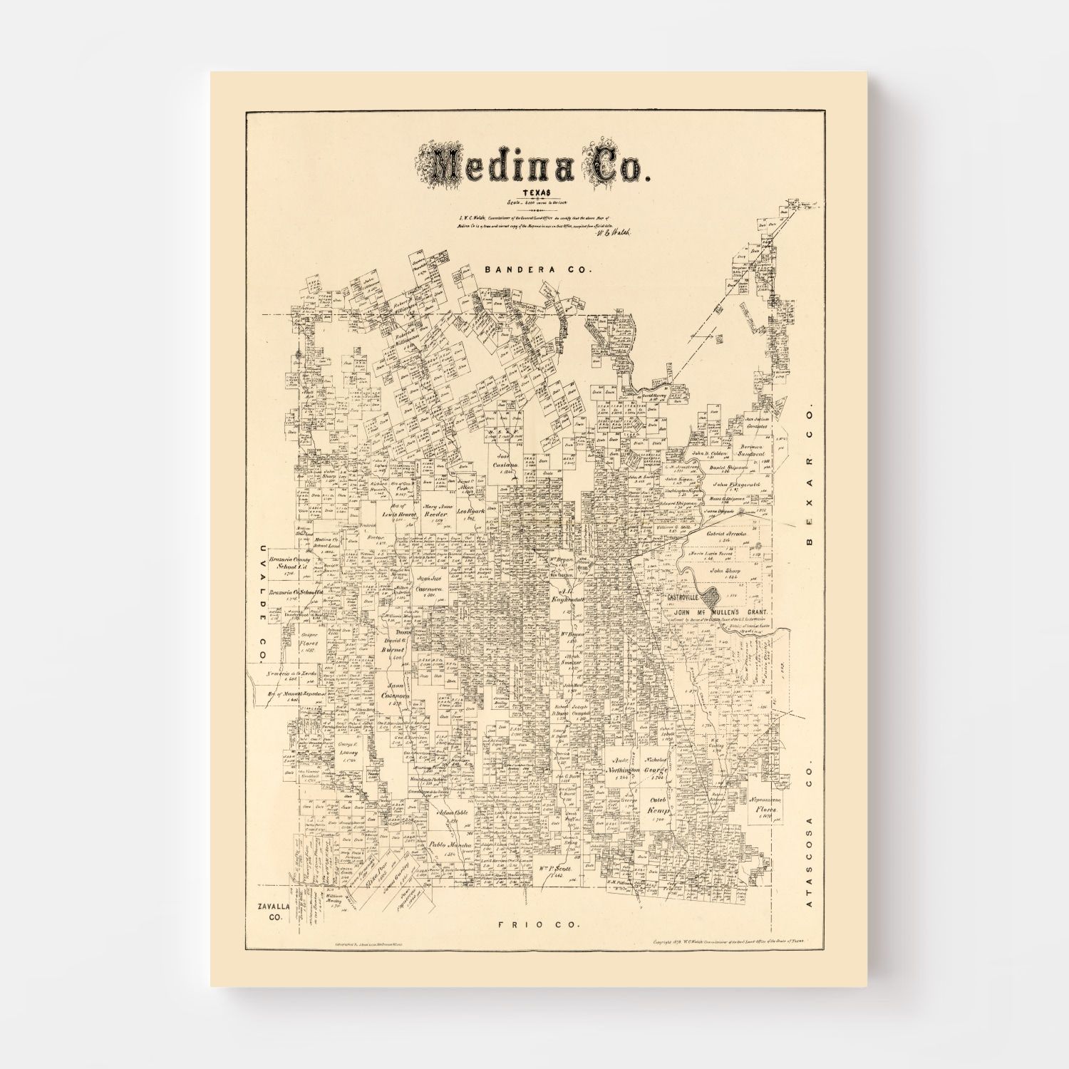 Vintage Map of Medina County, Texas 1879
