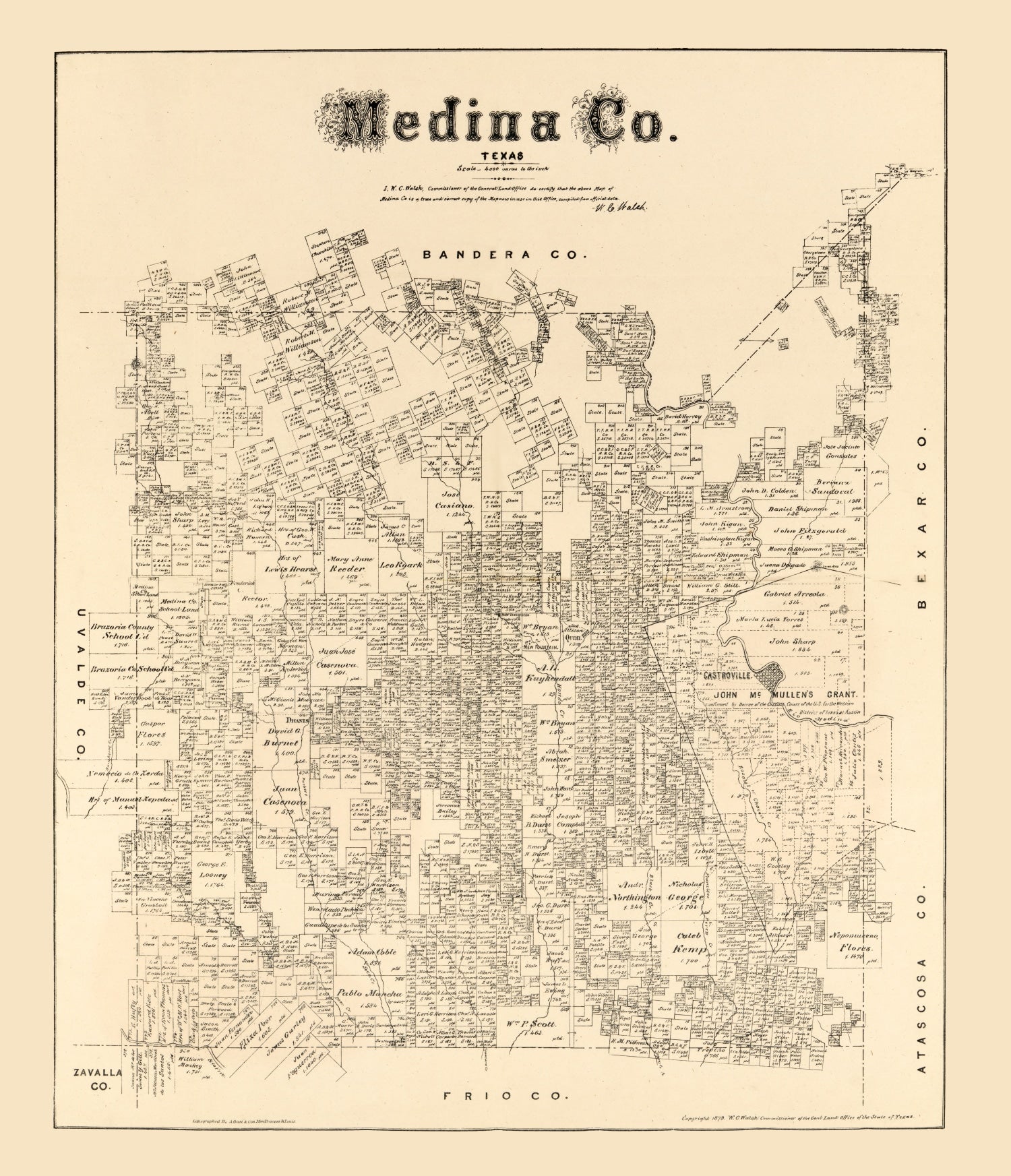 Vintage Map of Medina County, Texas 1879
