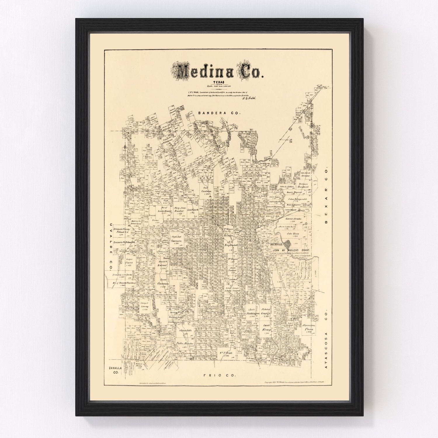 Vintage Map of Medina County, Texas 1879