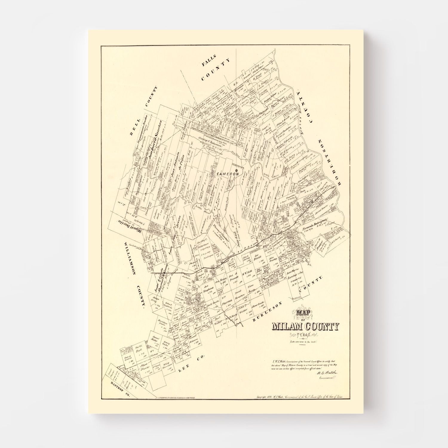 Vintage Map of Milam County, Texas 1879