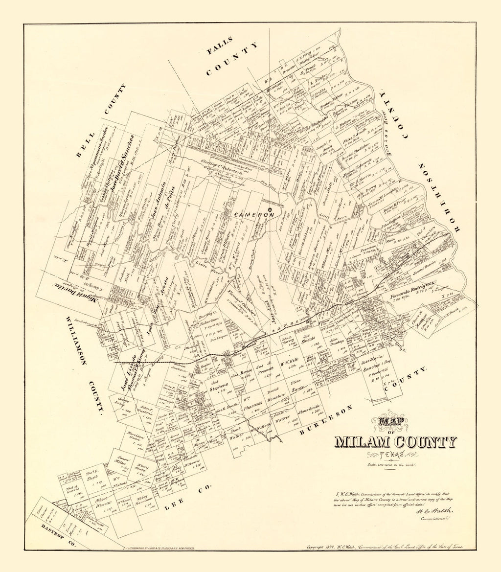 Vintage Map of Milam County, Texas 1879