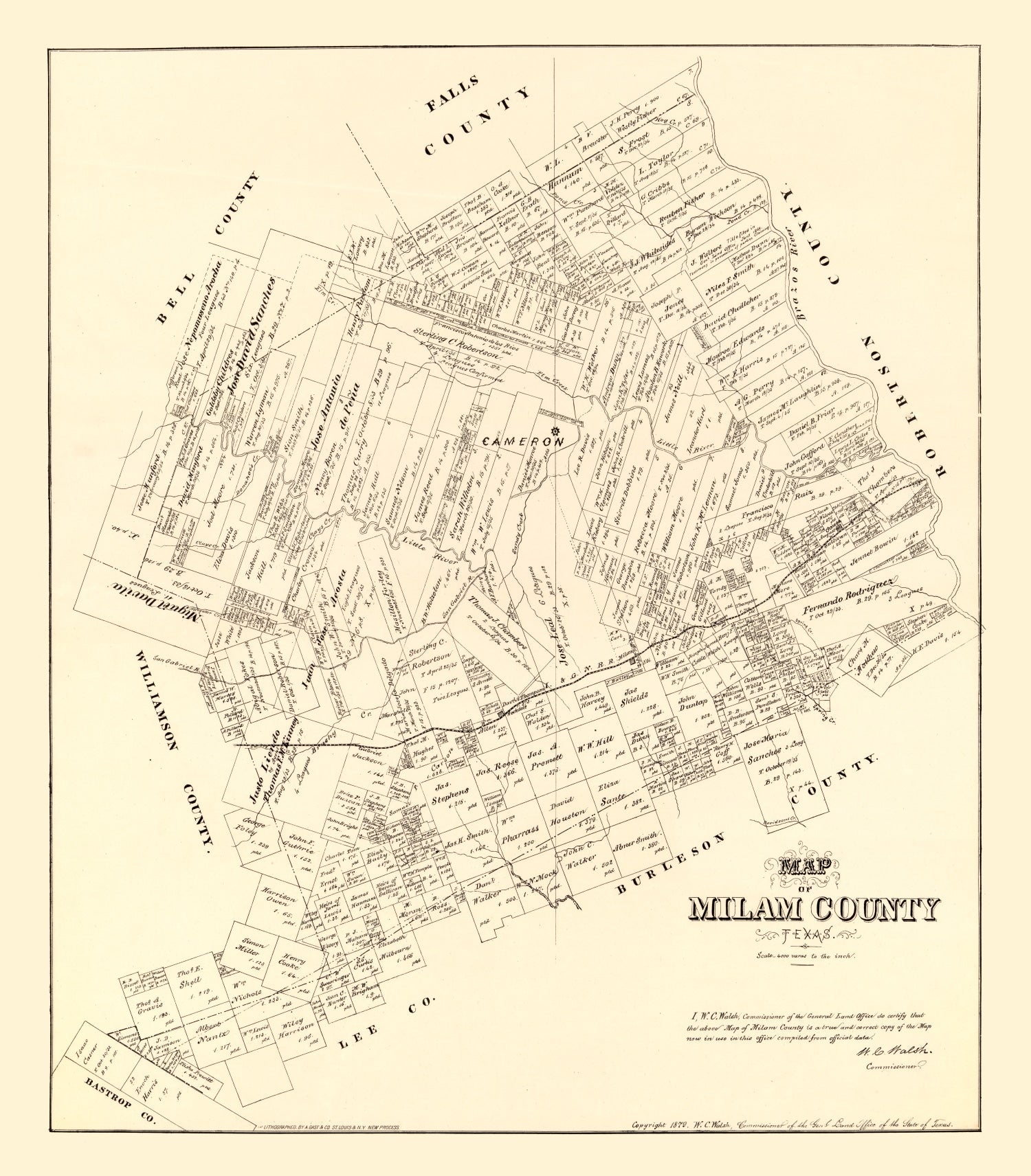 Vintage Map of Milam County, Texas 1879