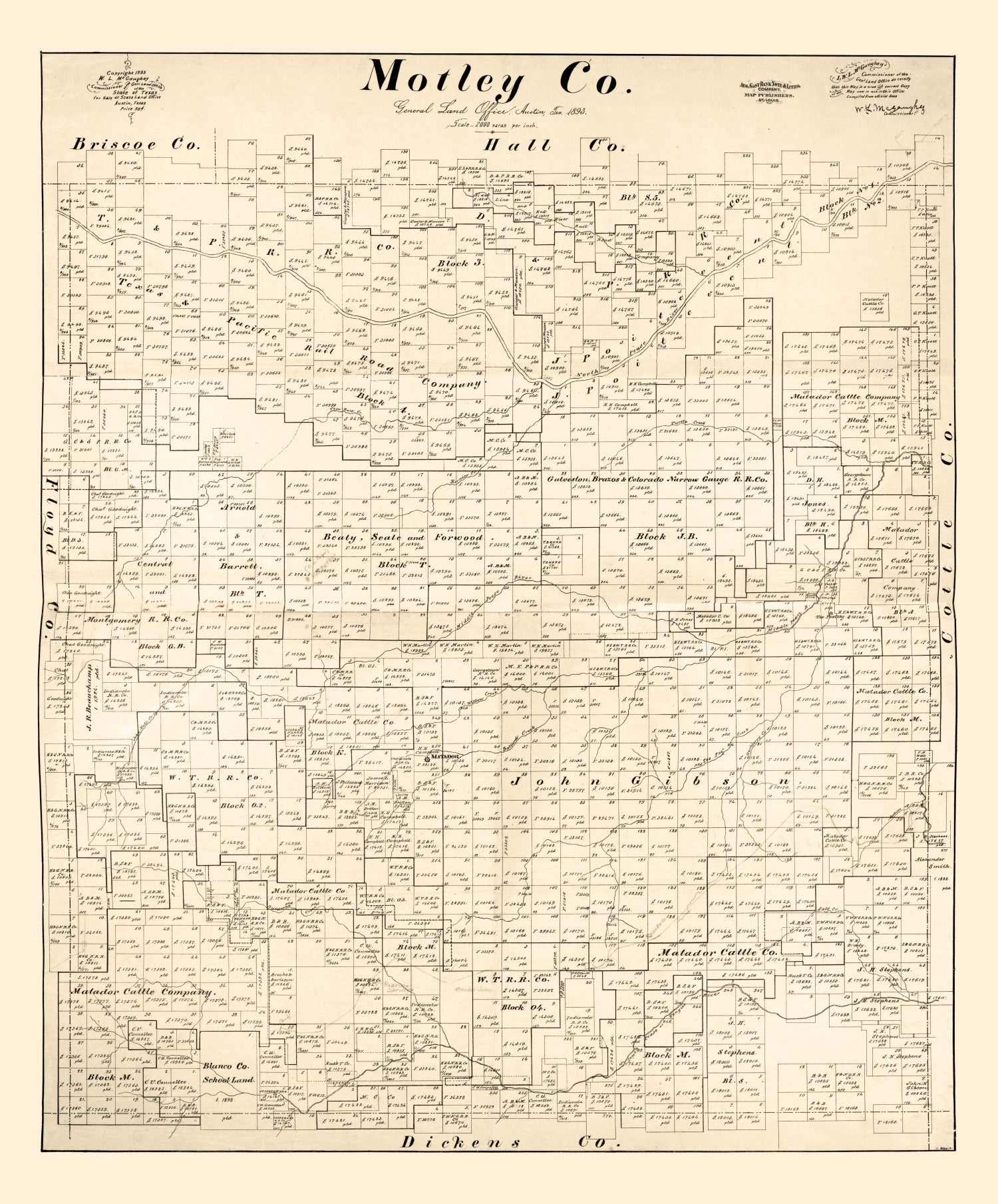 Vintage Map of Motley County, Texas 1893