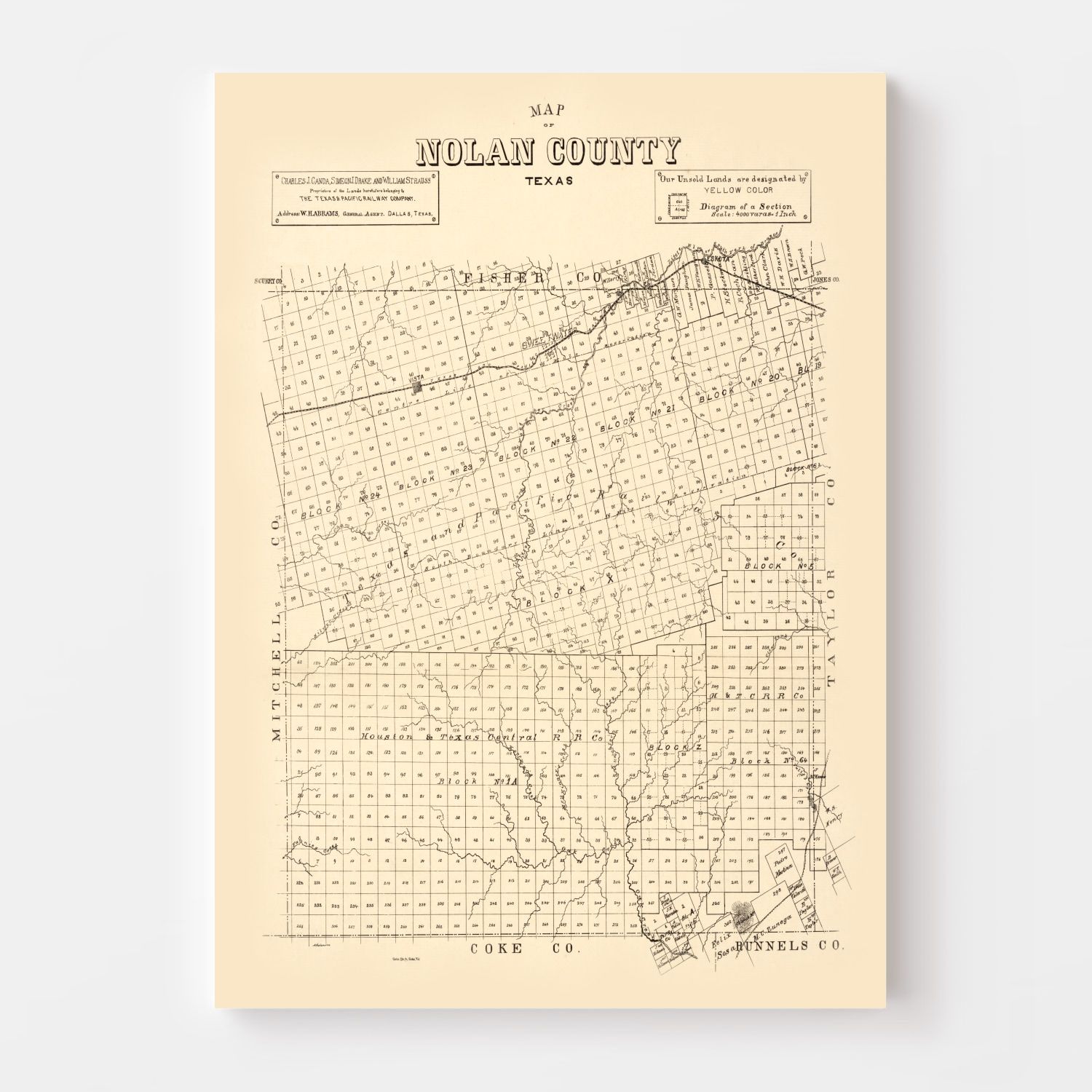 Vintage Map of Nolan County, Texas 1890