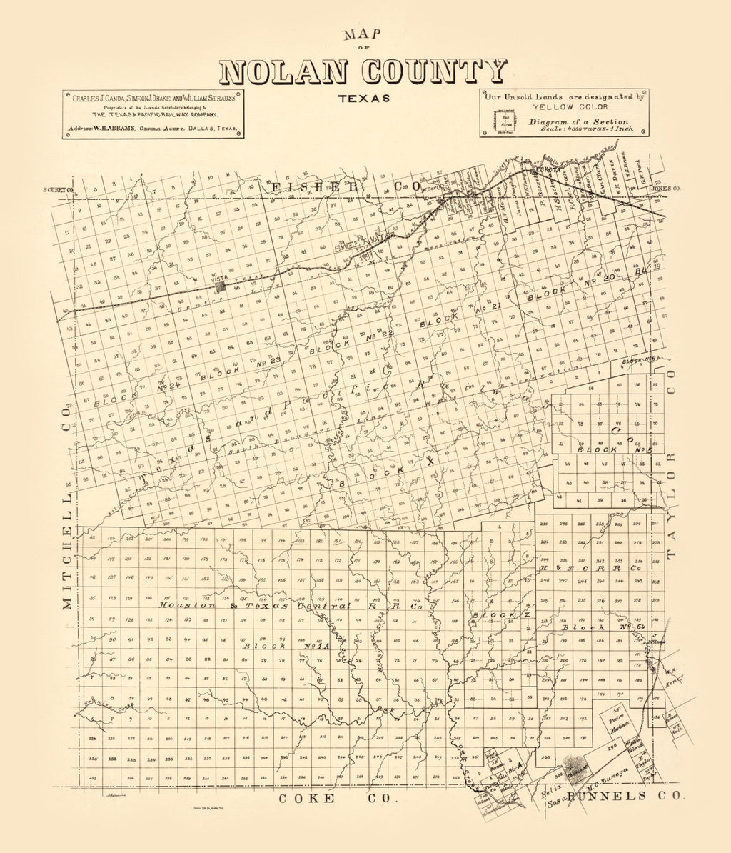 Vintage Map of Nolan County, Texas 1890