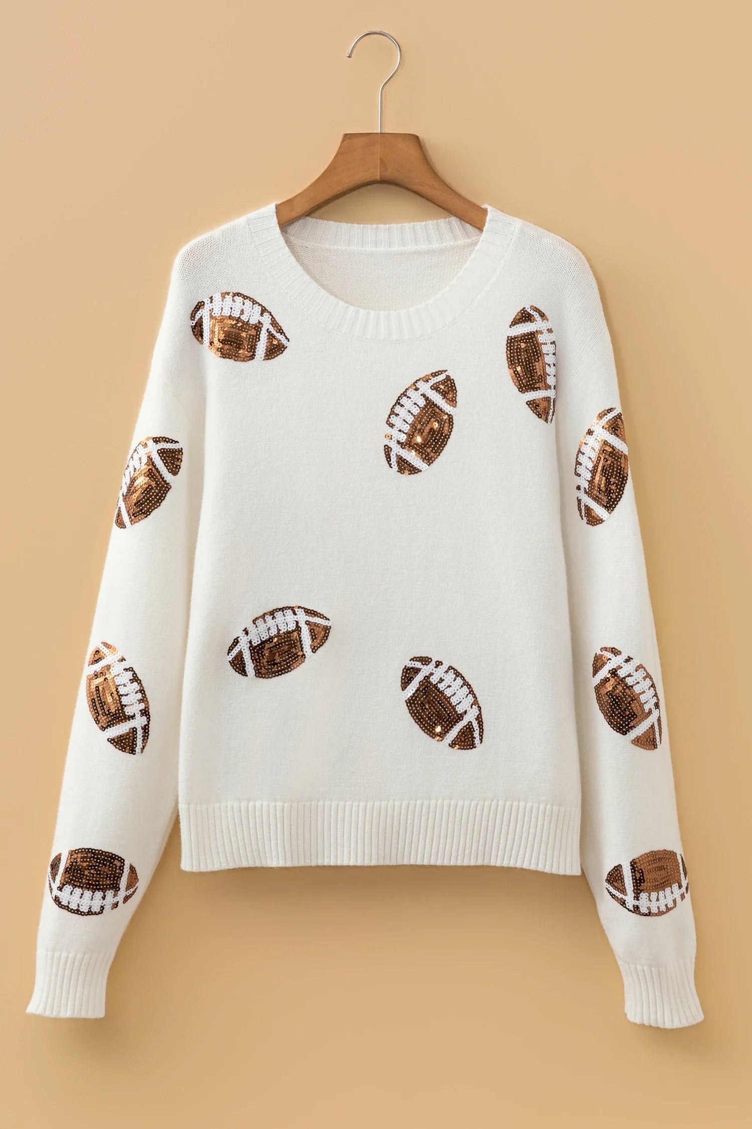 Football Sequin Round Neck Long Sleeve Sweater