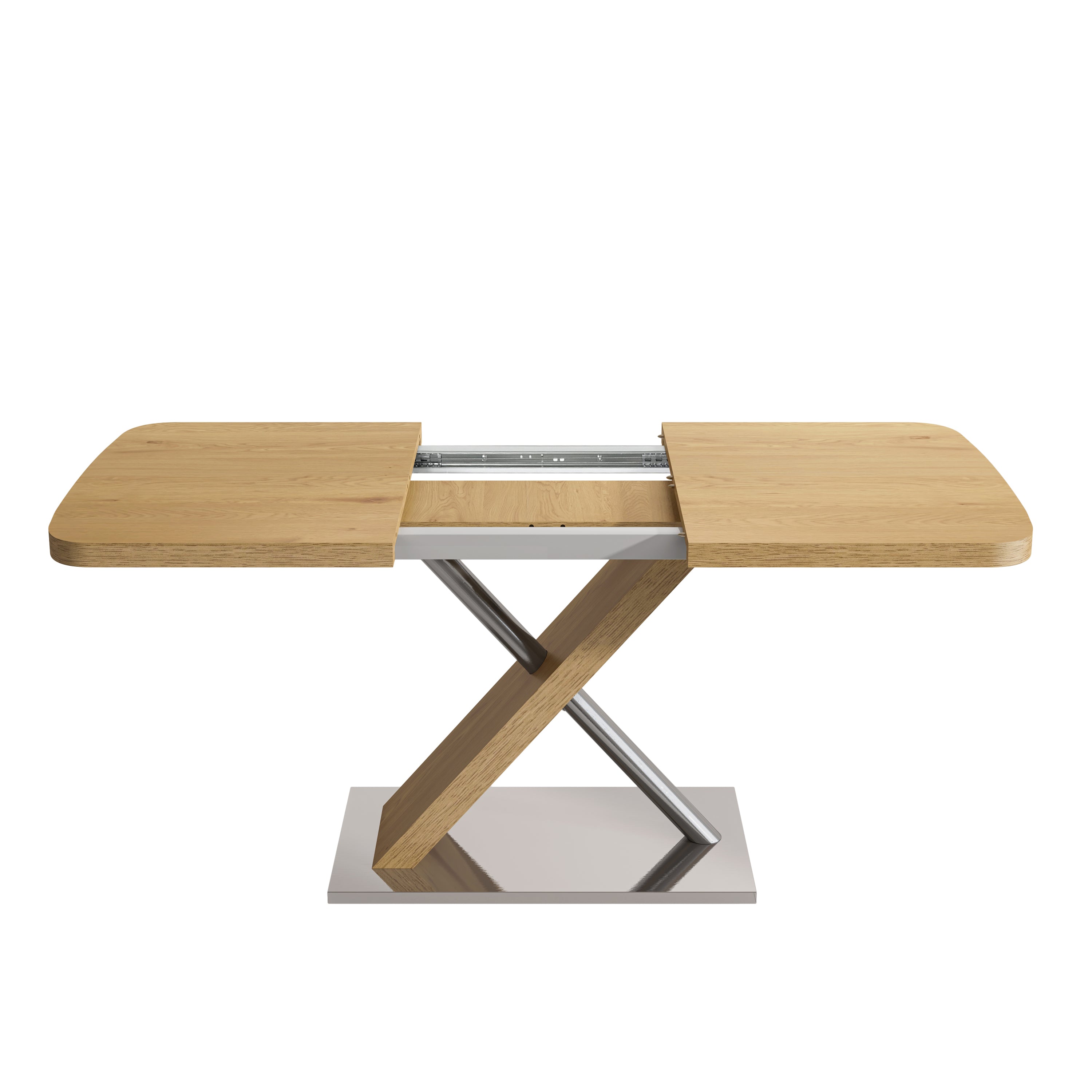 47.25 '-63' Dining Table, Original Wood Color, Seating 4-6 People, Retractable Table, Cross Metal Base and Stainless Steel Tubing(Natural)
