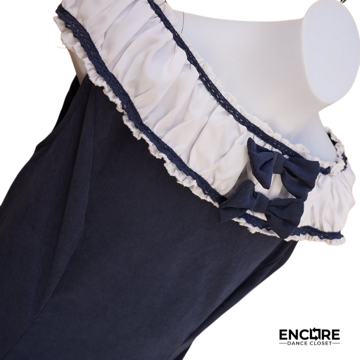 Blue Dress with White Neck and Bow Details