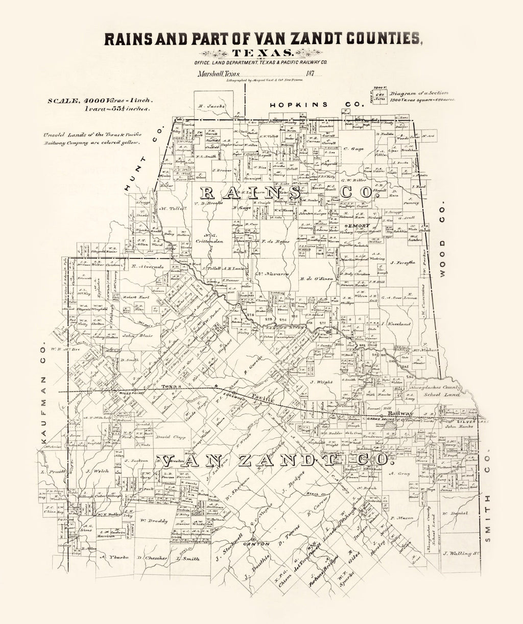 Vintage Map of Rains County, Texas 1870