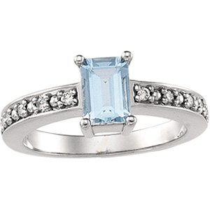 14K White Gold Natural Aquamarine & 1/10 CTW Natural Diamond Ring