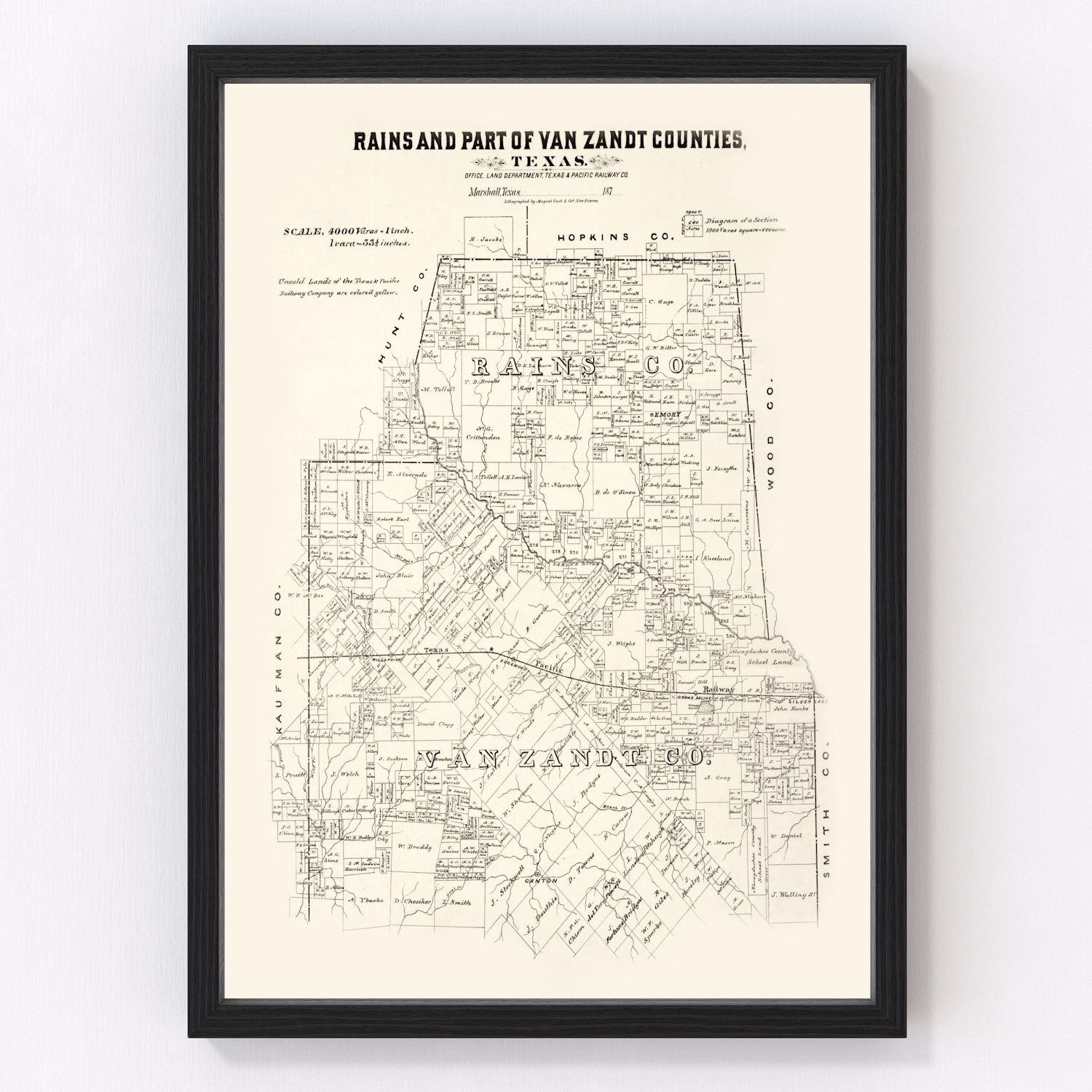 Vintage Map of Rains County, Texas 1870