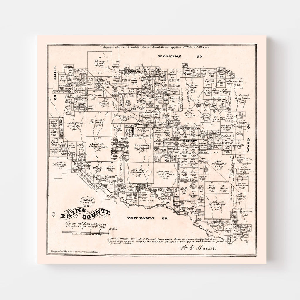 Vintage Map of Rains County, Texas 1880