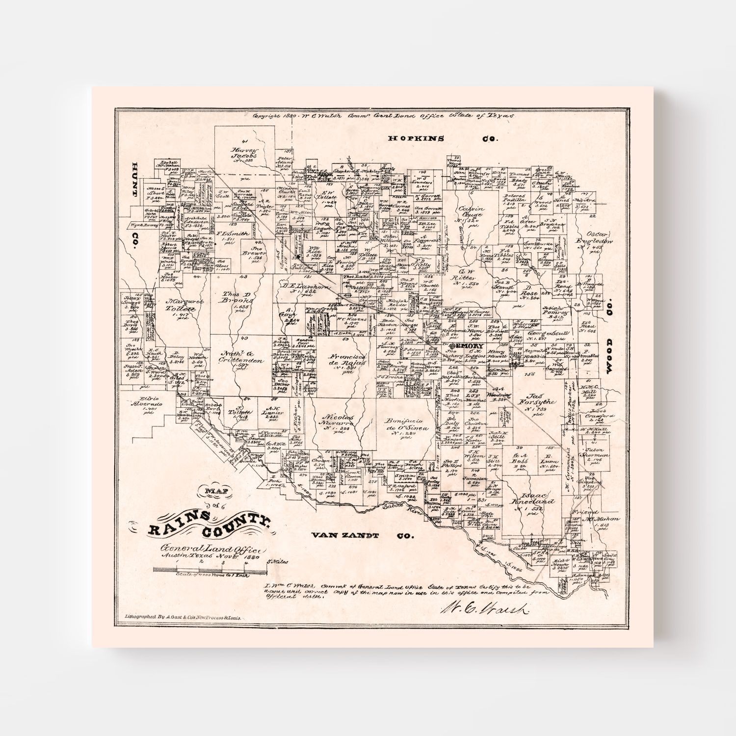 Vintage Map of Rains County, Texas 1880