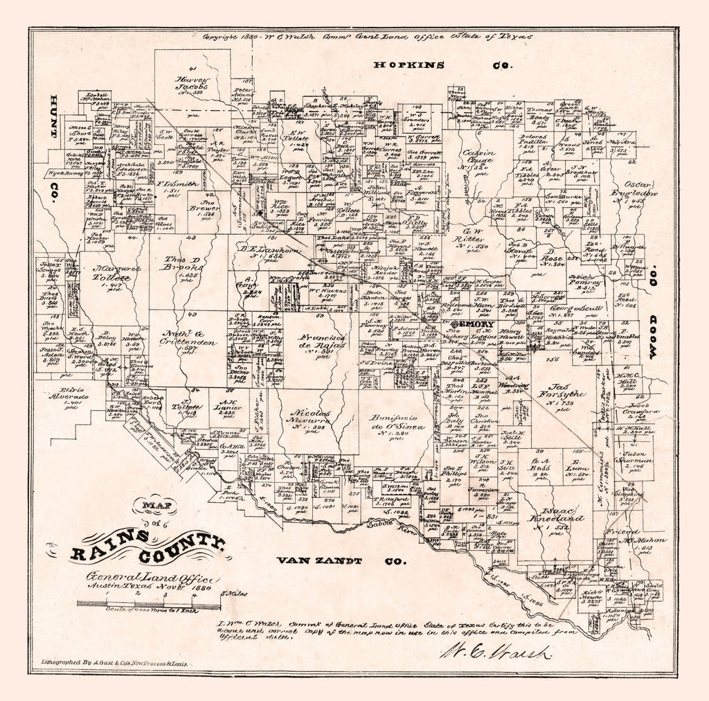 Vintage Map of Rains County, Texas 1880