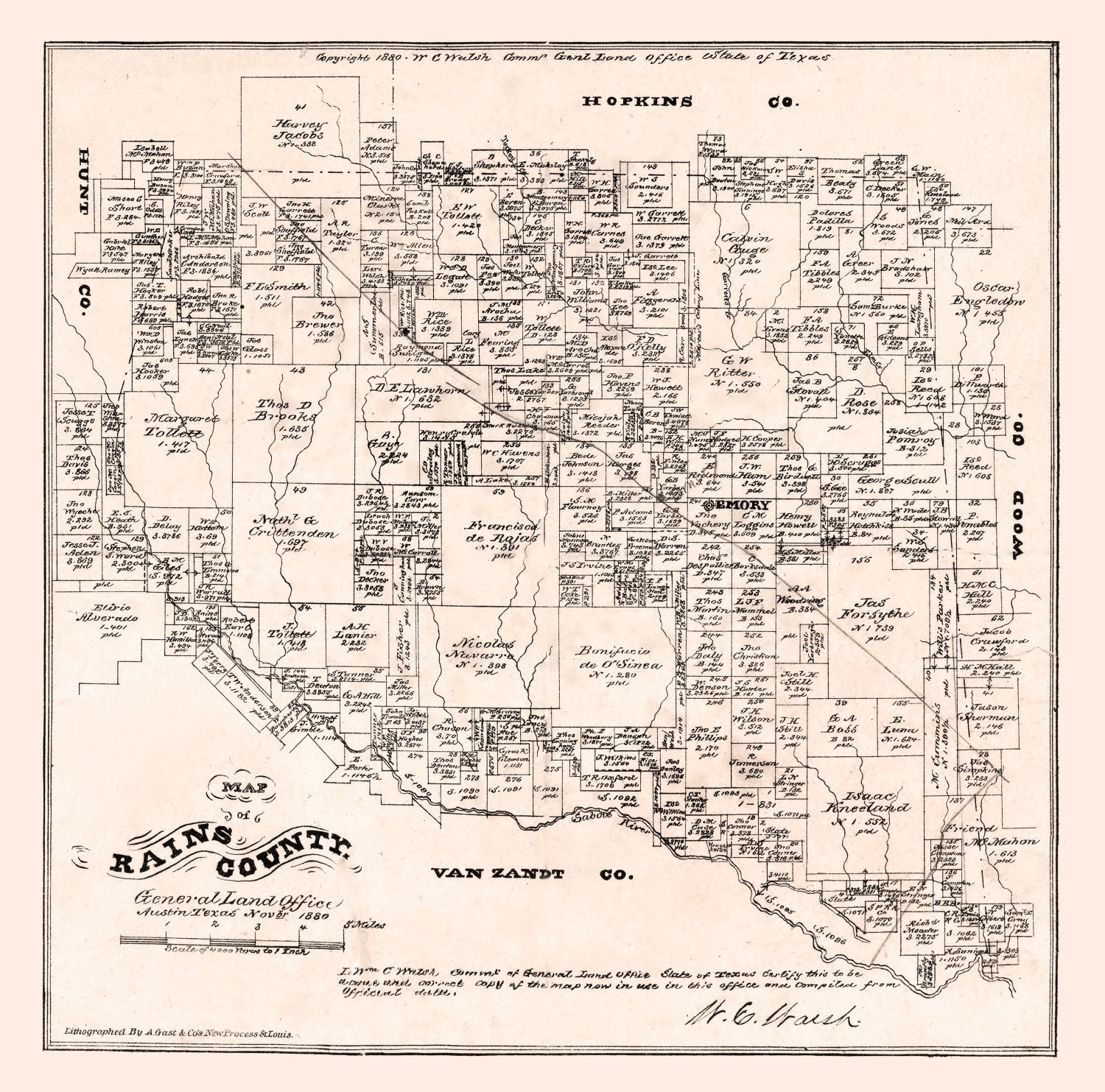 Vintage Map of Rains County, Texas 1880