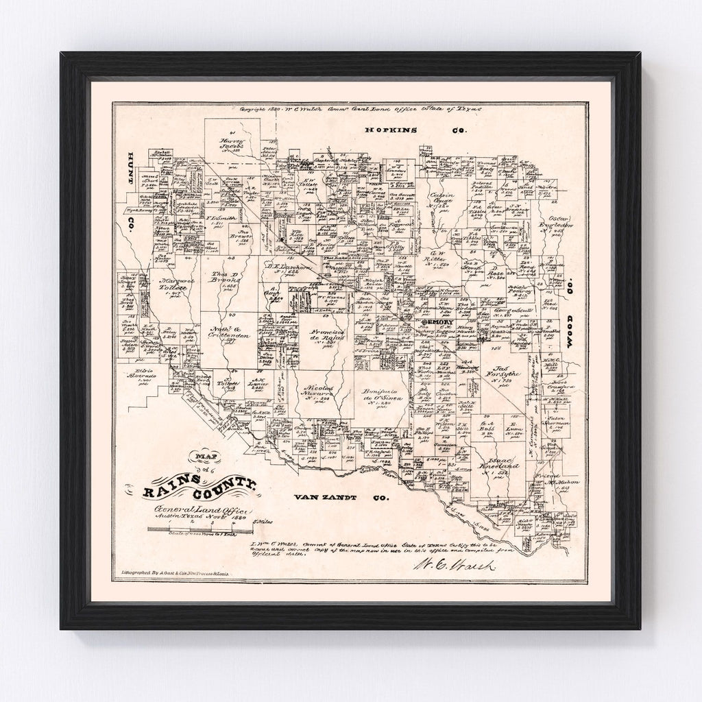 Vintage Map of Rains County, Texas 1880