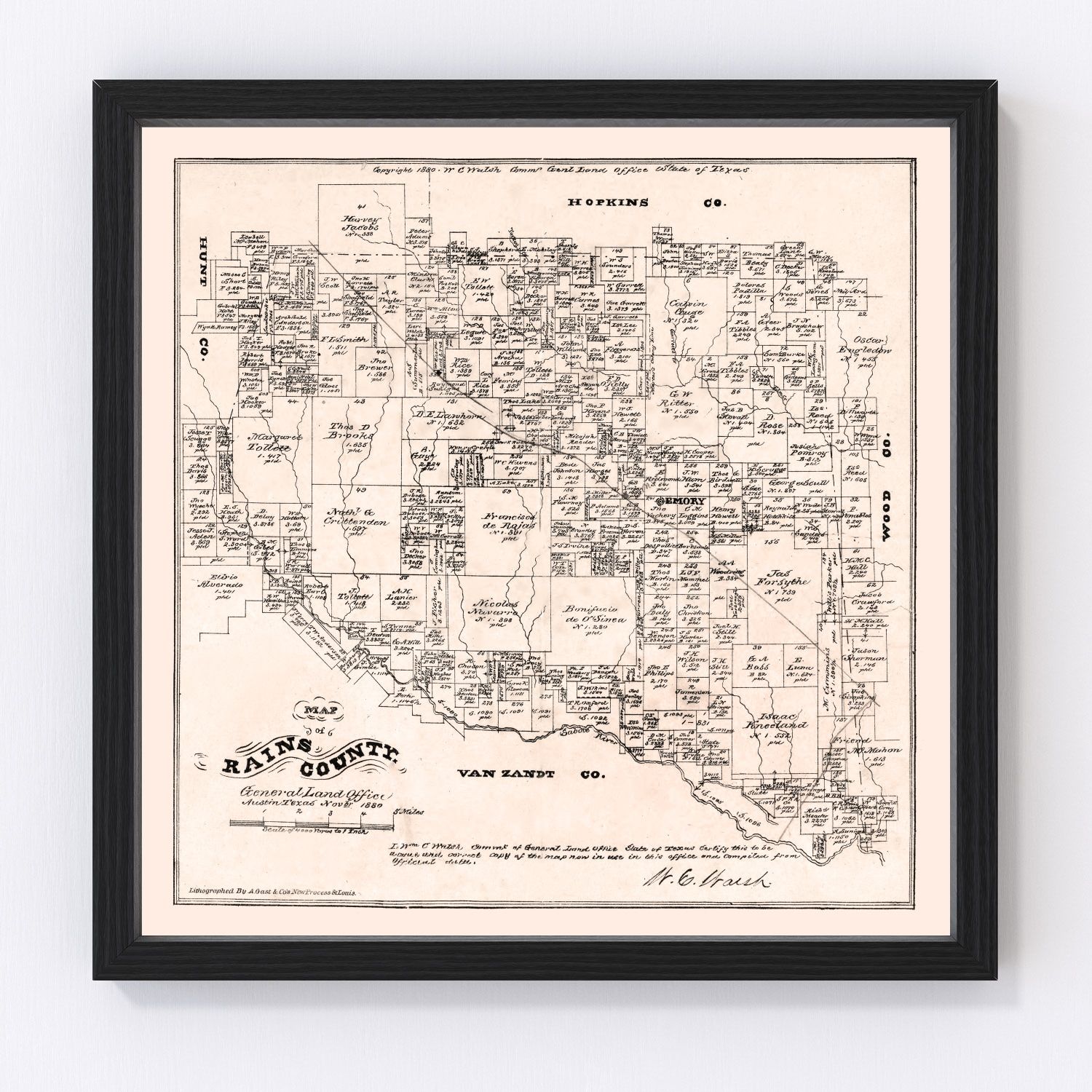 Vintage Map of Rains County, Texas 1880