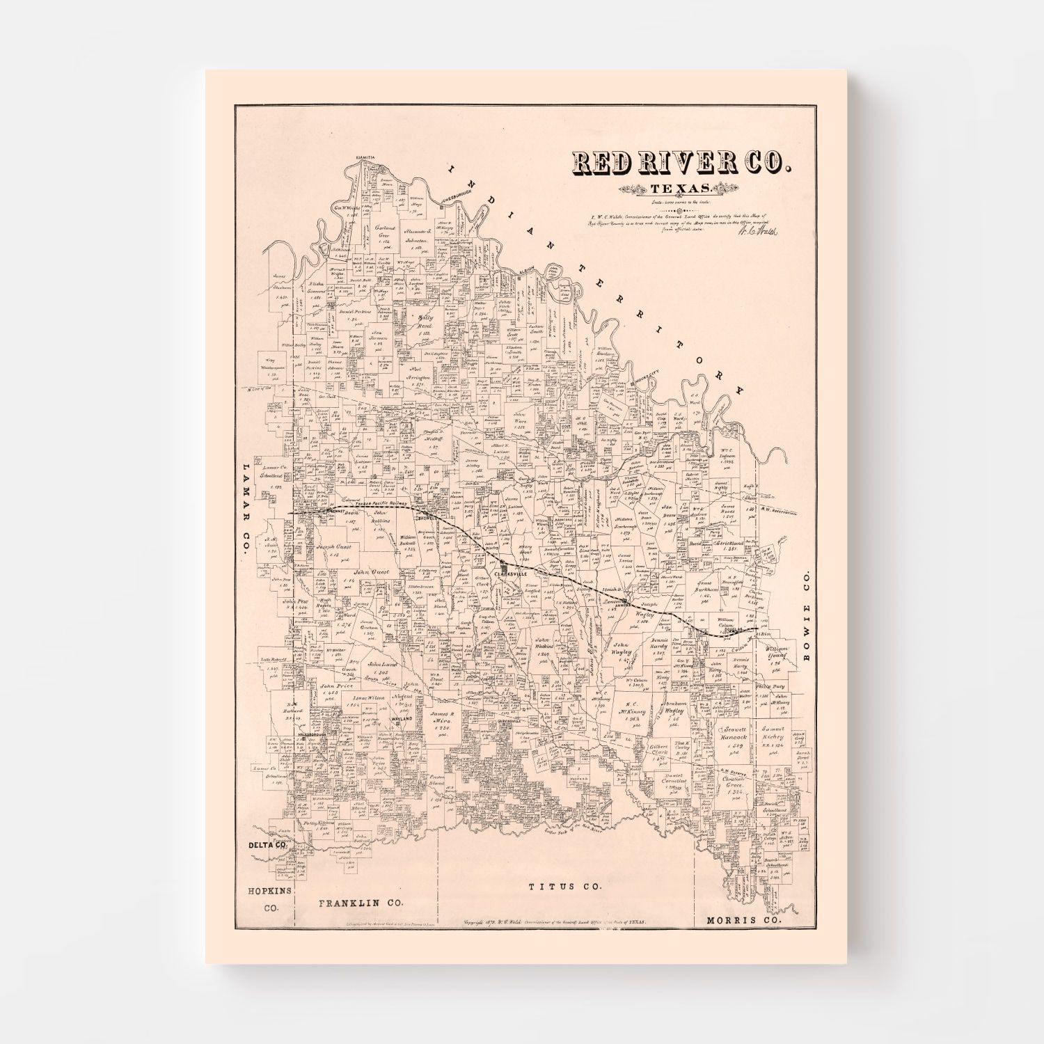Vintage Map of Red River County, Texas 1879
