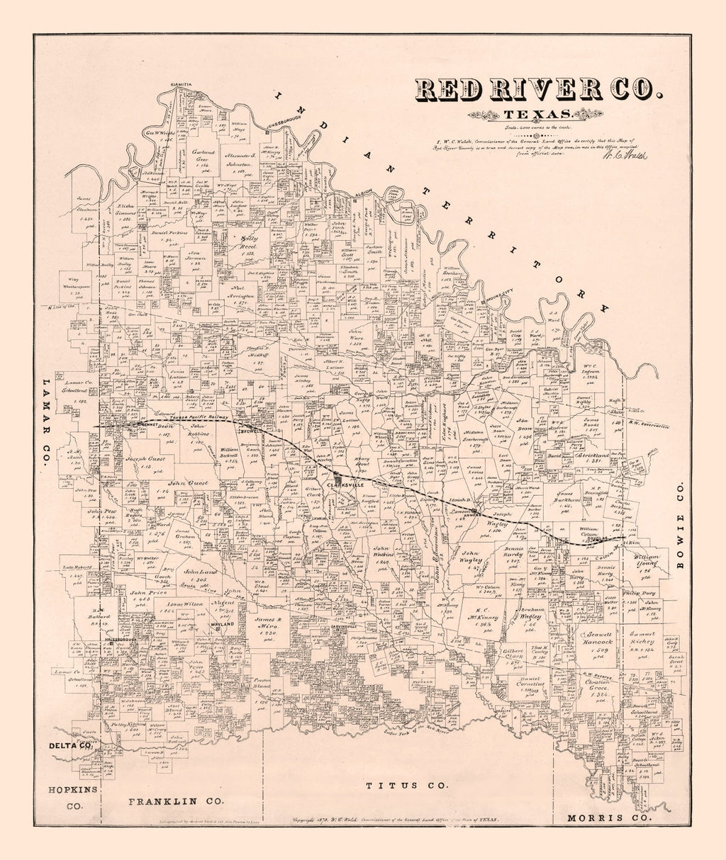 Vintage Map of Red River County, Texas 1879