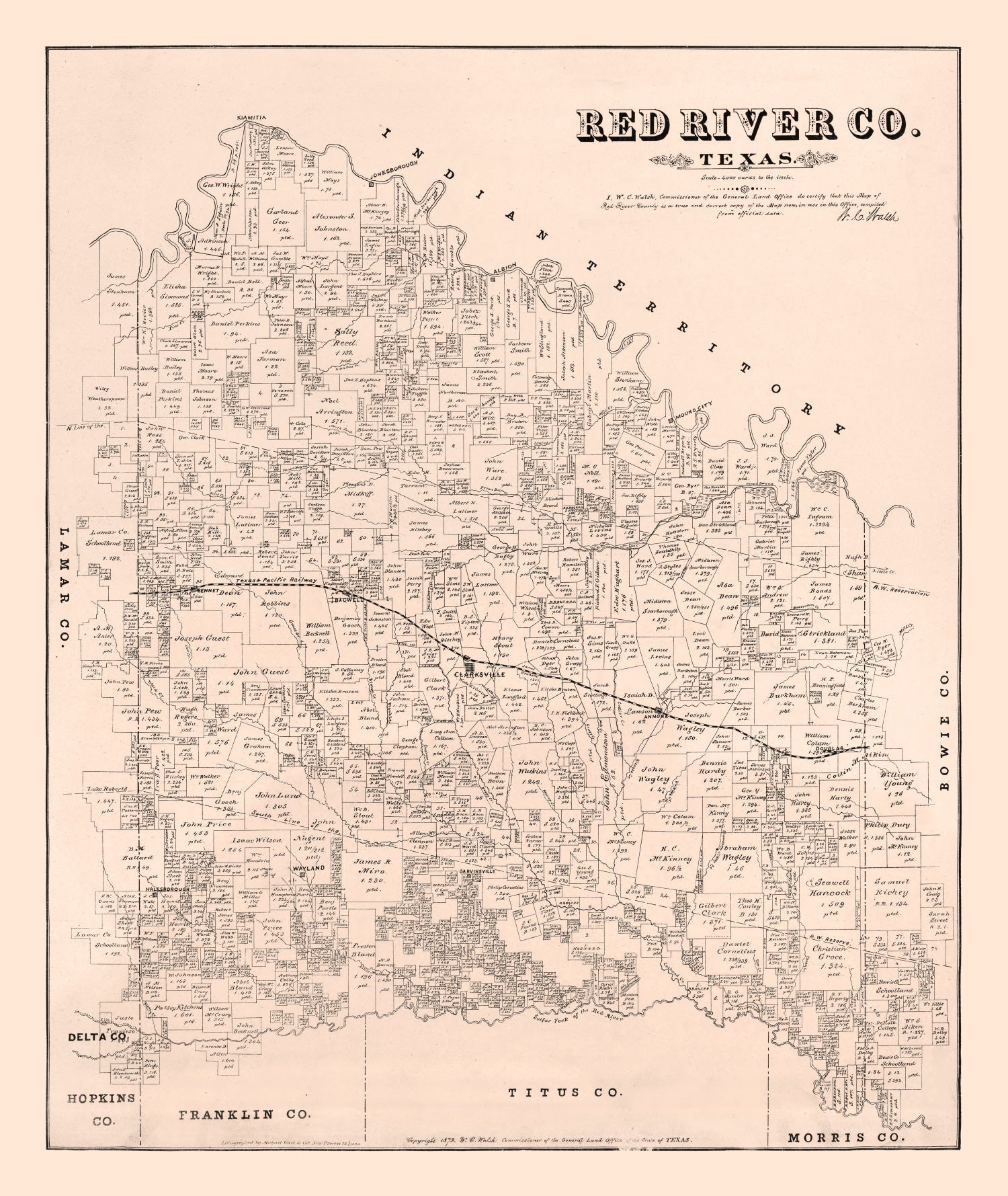 Vintage Map of Red River County, Texas 1879