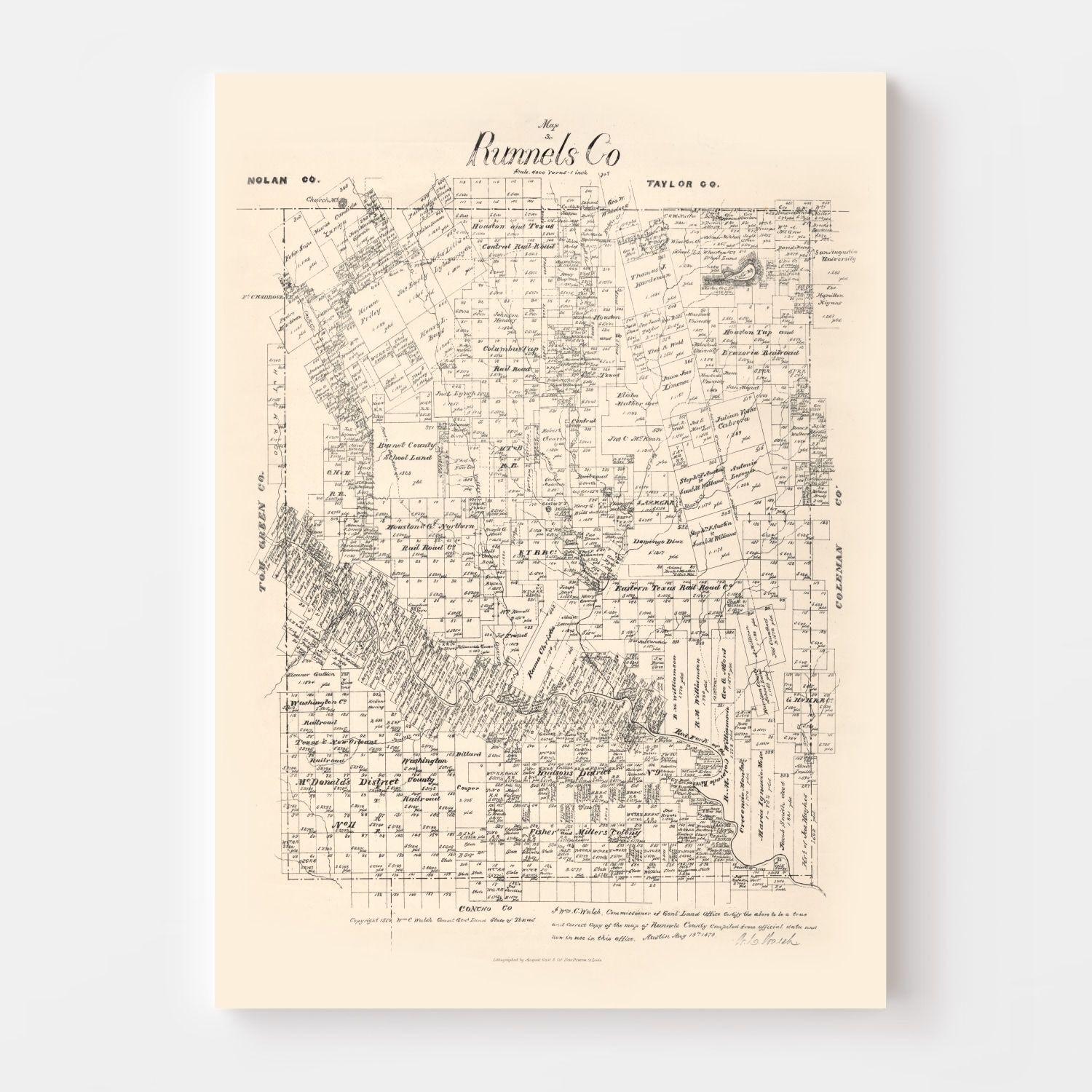 Vintage Map of Runnels County, Texas 1879