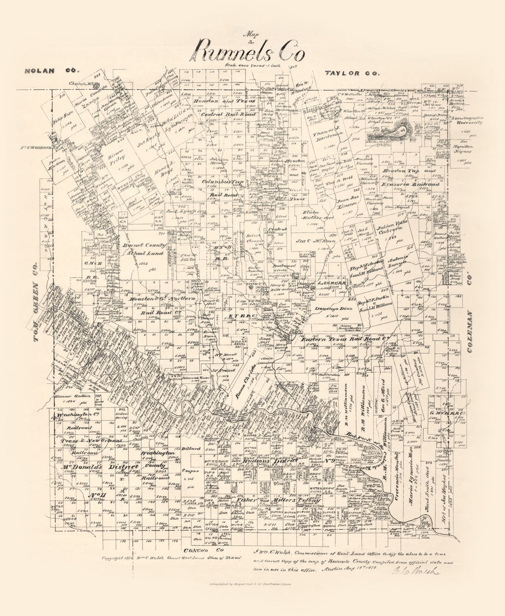 Vintage Map of Runnels County, Texas 1879